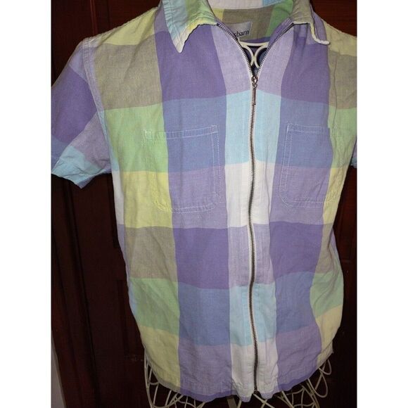 5/$25 Sz Sm Lavender Green Yellow Plaid Zipper Front Jacket Blazer Top Pockets - Picture 2 of 6